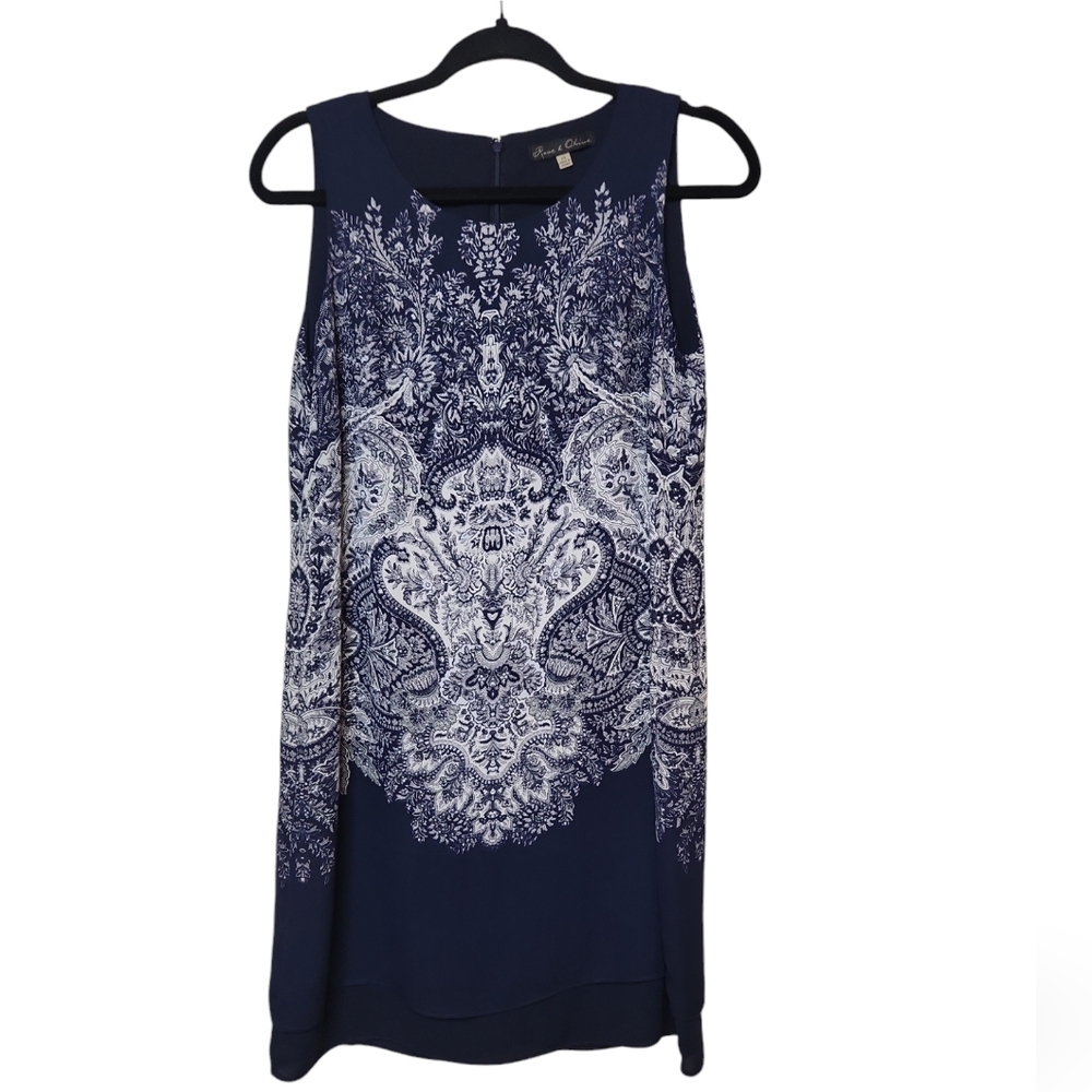 NWOT Rose & Olive Navy and White Paisley Print Sleeveless Sheath Dress Size XS